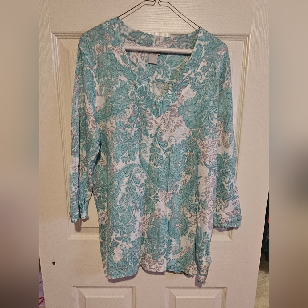 Elegant Teal and White V-neck Chico's Women's Top Sz L
